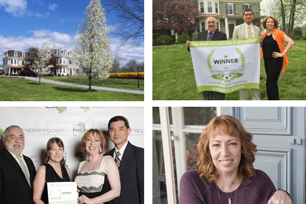 A collage featuring a blooming tree in front of a large house, award-winning hotel representatives, a group receiving a certificate, and a smiling woman by a door.