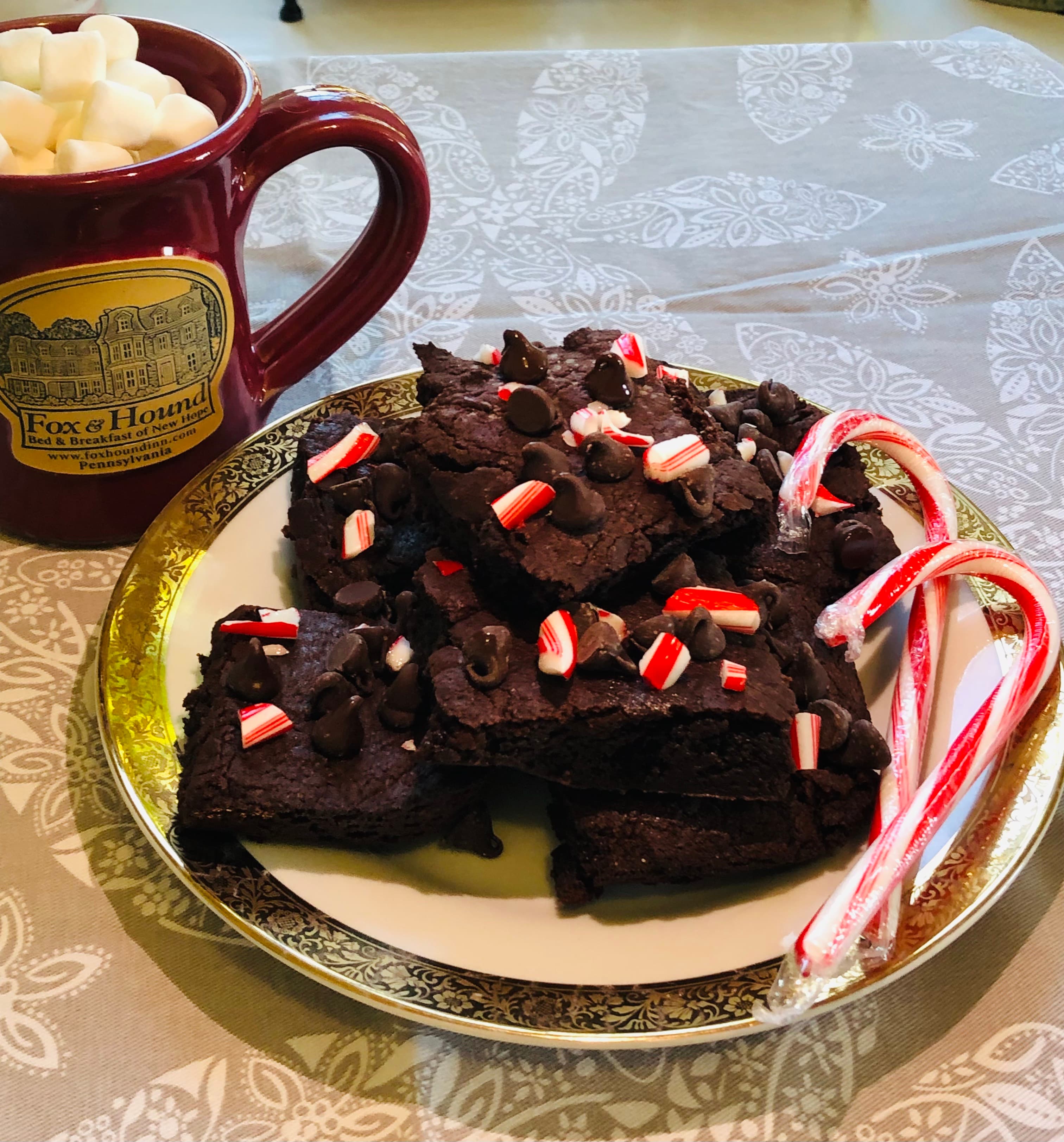 Plate of homemade dark chocolate peppermint brownies with a steaming cup of hot cocoa Plate of homemade dark chocolate peppermint brownies with a steaming cup of hot cocoa