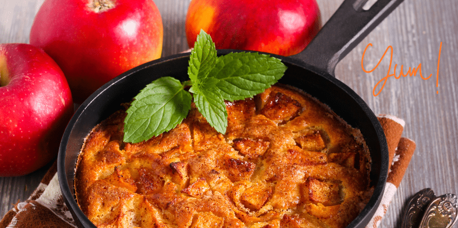 Delicious Dutch apple pancake in iron skillet